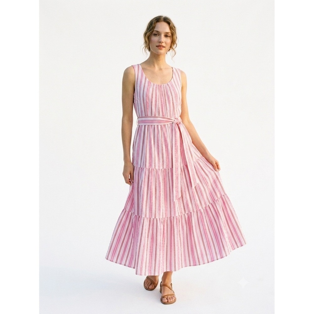 Talbots Petite Striped Tiered 100% Cotton Maxi Dress 10P Sumer Garden Party